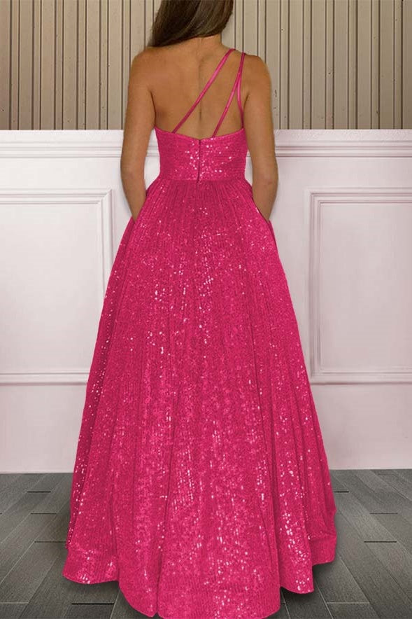 One Shoulder Sleeveless A-Line Prom Dress Fully Sequins