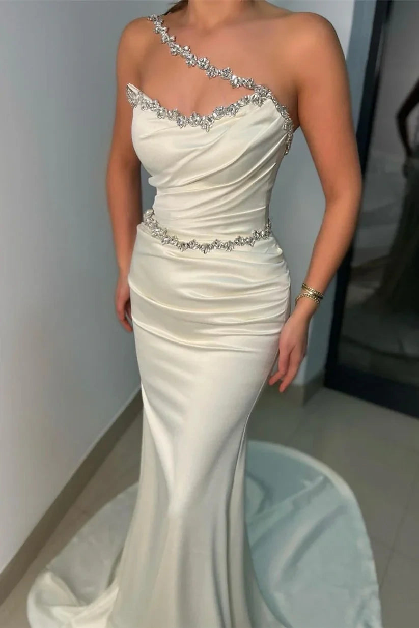 One Shoulder Sleeveless Beaded Mermaid Party Prom Dress