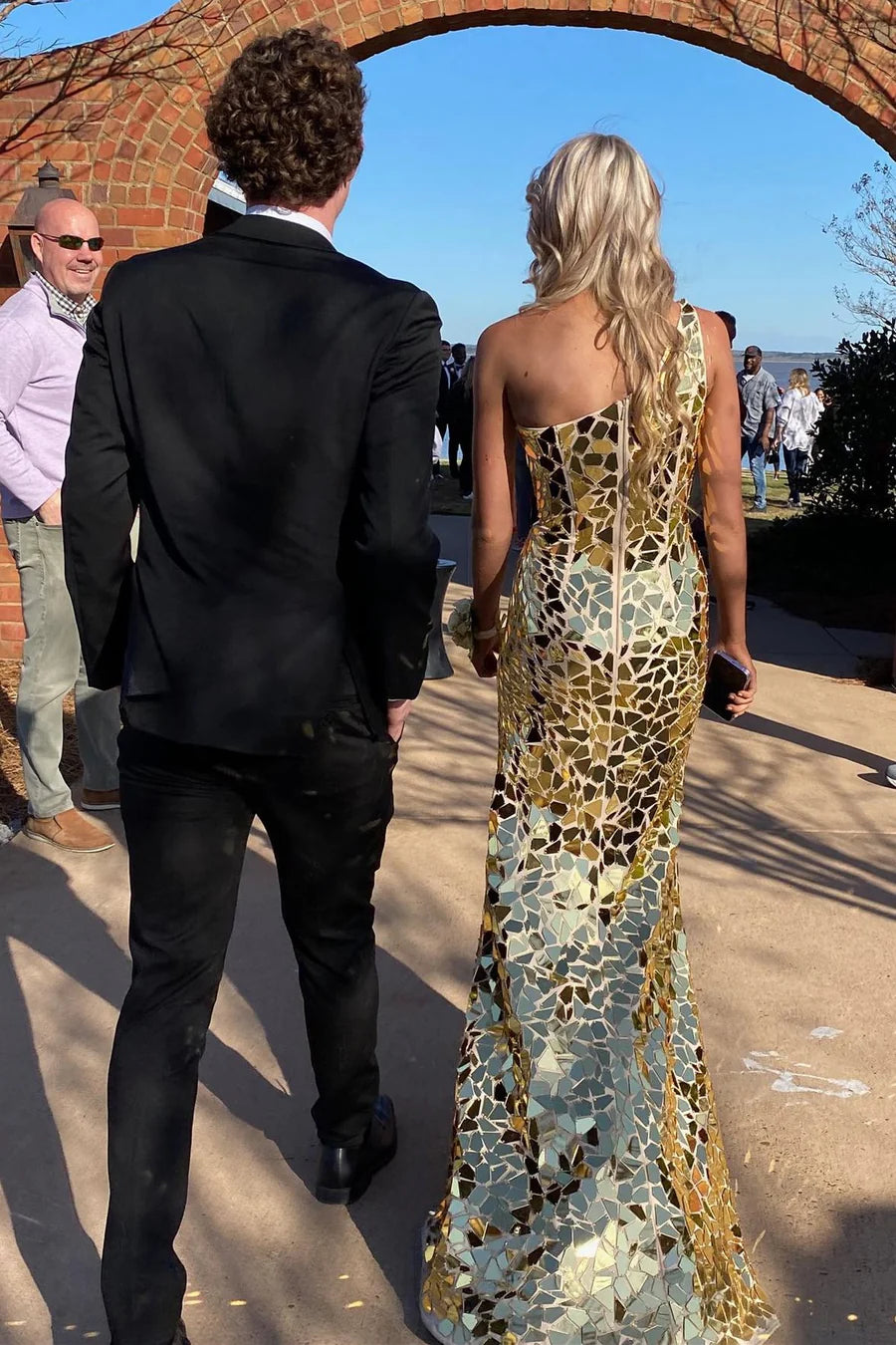 One Shoulder Sleeveless Empire Beaded Party Prom Dress With Train