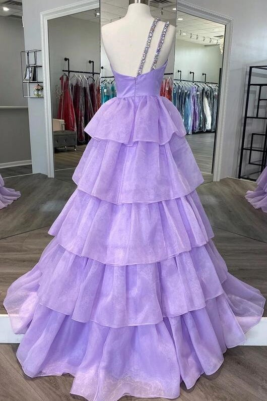 One Shoulder Sleeveless Tulle A-Line Tiered Prom Dress