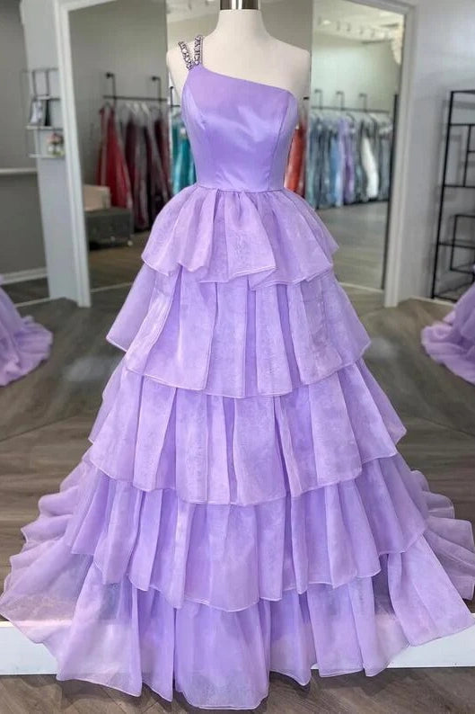One Shoulder Sleeveless Tulle A-Line Tiered Prom Dress