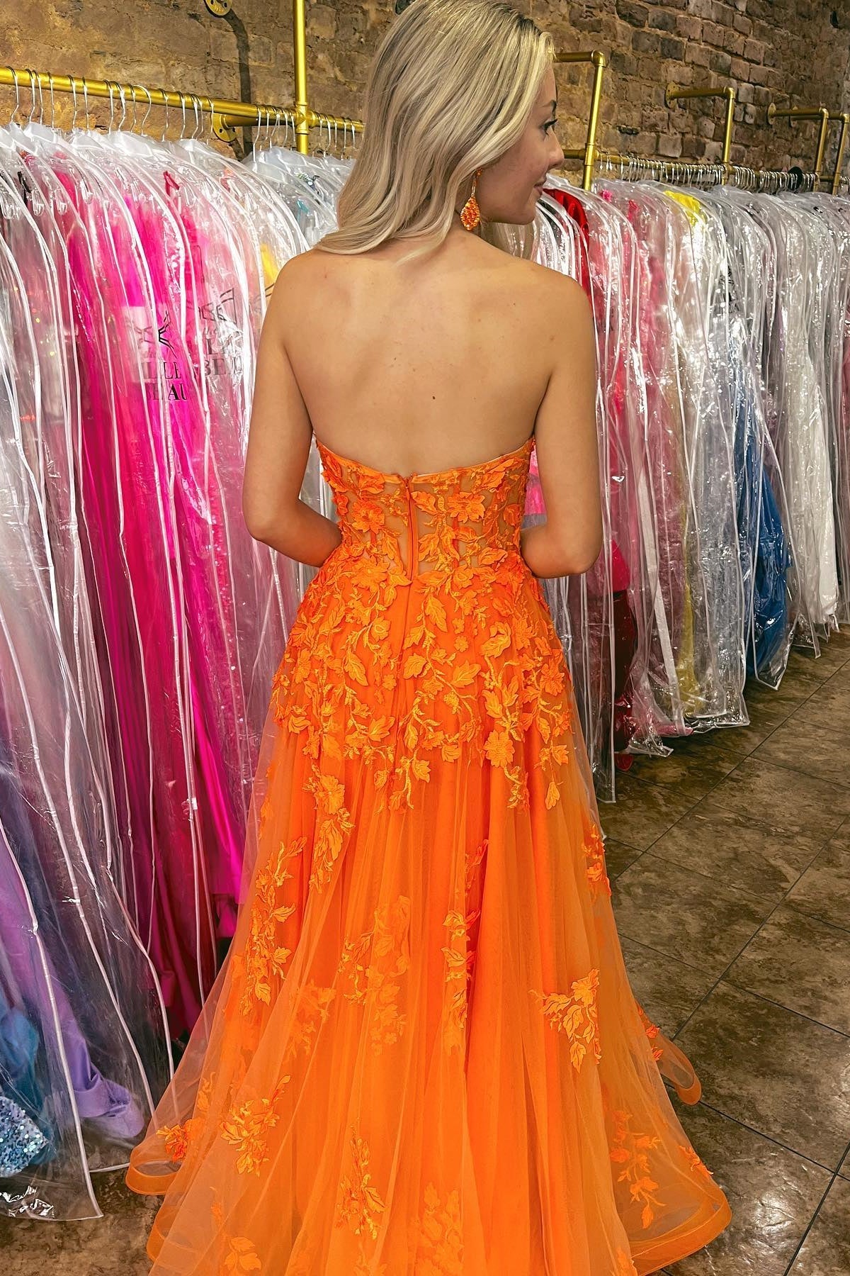 Orange Sweetheart Strapless Florals Appliques Party Prom Dress