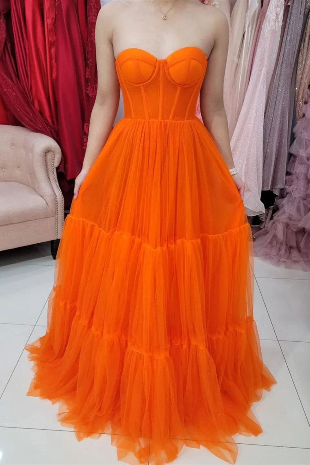 Orange Sweetheart Strapless Tulle A-Line Lace Up Party Prom Dress