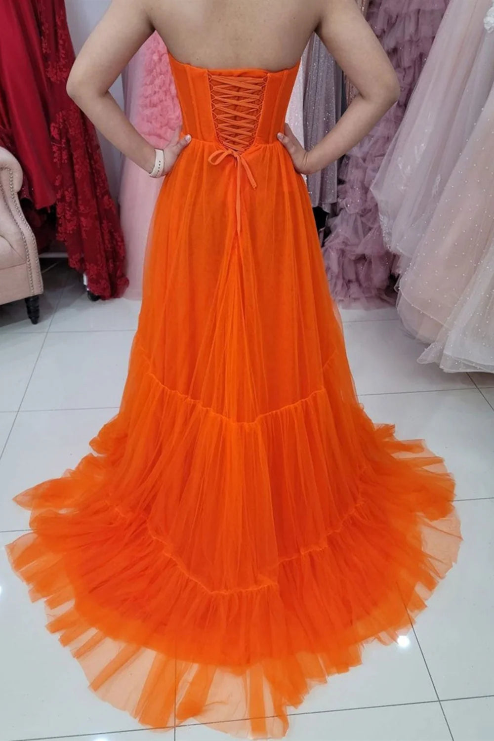 Orange Sweetheart Strapless Tulle A-Line Lace Up Party Prom Dress