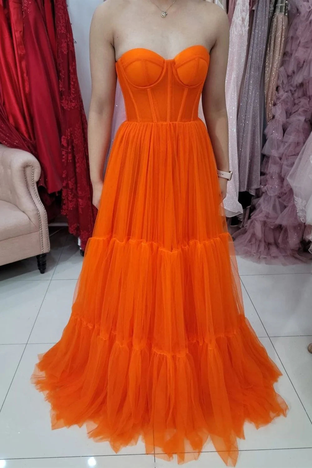 Orange Sweetheart Strapless Tulle A-Line Lace Up Party Prom Dress