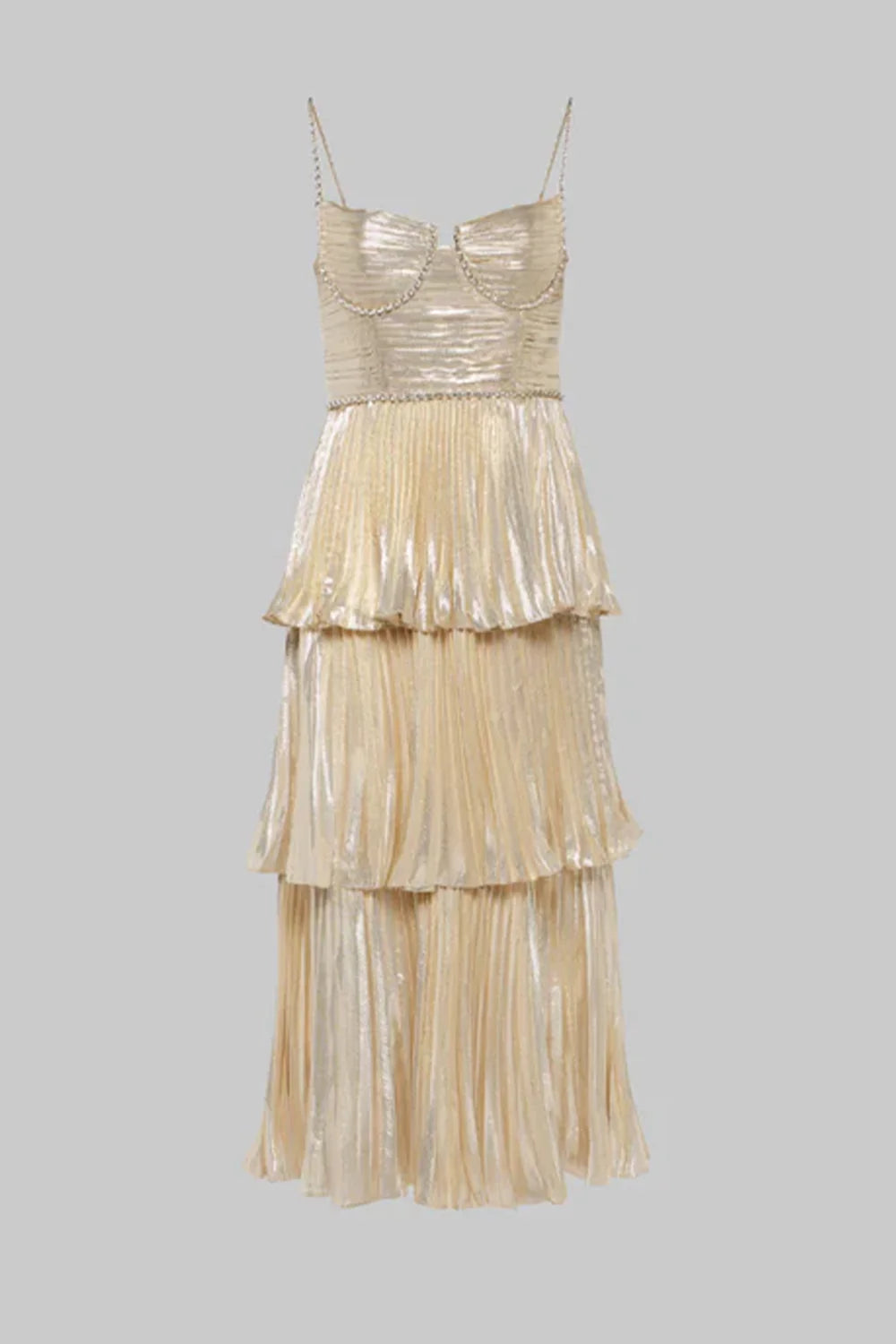 Pearl Spaghetti Straps A-Line Pleated Tiered Party Prom Dress