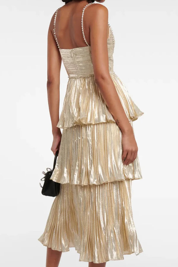 Pearl Spaghetti Straps A-Line Pleated Tiered Party Prom Dress