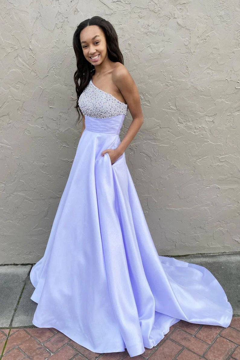 Pearls Satin A-Line One Shoulder Sleeveless Party Prom Dress