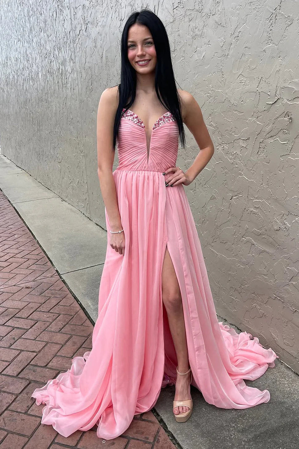 Pink A-Line Empire Party Prom Dress With Slit