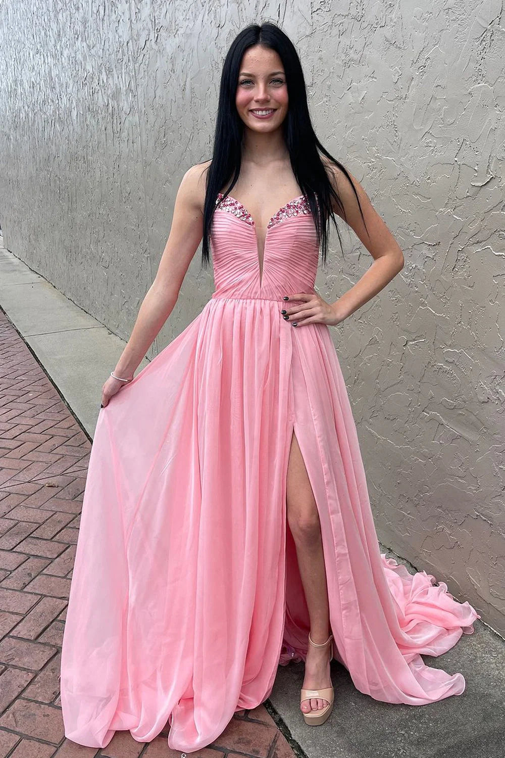 Pink A-Line Empire Party Prom Dress With Slit