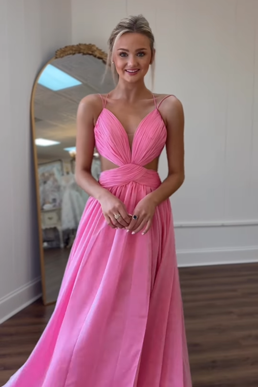 Pink Chiffon A-Line V-Neck Lace Up Party Prom Dress With Slit
