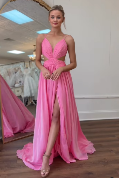 Pink Chiffon A-Line V-Neck Lace Up Party Prom Dress With Slit