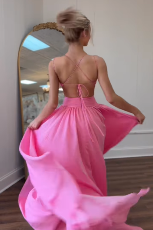 Pink Chiffon A-Line V-Neck Lace Up Party Prom Dress With Slit