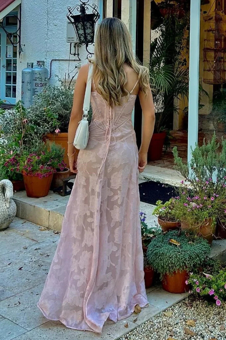 Pink Floral Appliques Spaghetti Straps Long Party Prom Dress