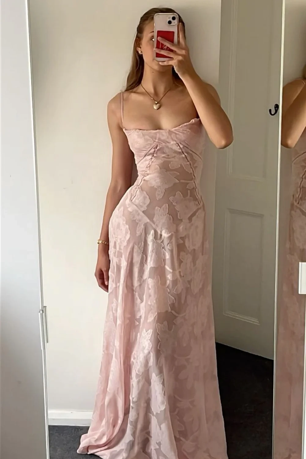 Pink Floral Appliques Spaghetti Straps Long Party Prom Dress