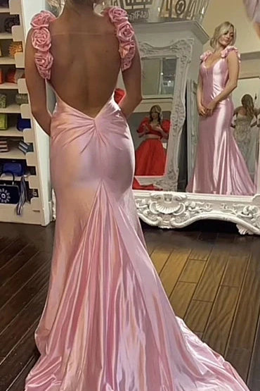 Pink Florals V-Neck Backless Mermaid Party Prom Dress