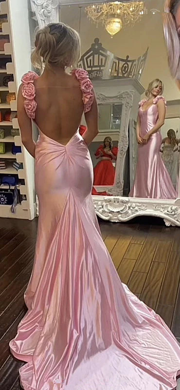 Pink Florals V-Neck Backless Mermaid Party Prom Dress