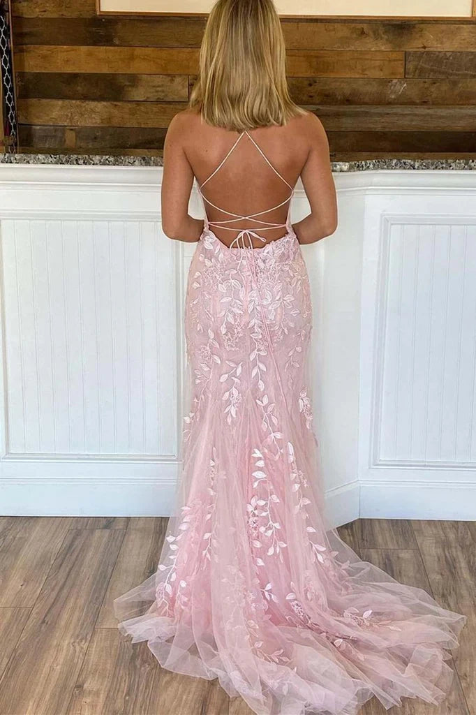 Pink Lace Mermaid Bateau Lace Up Mermaid Party Prom Dress