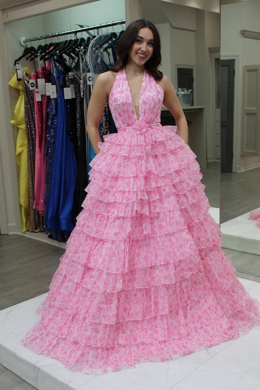Pink Low V-Neck Halter Backless Tulle A-Line Tiered Party Prom Dress