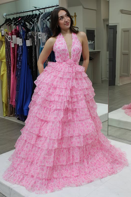 Pink Low V-Neck Halter Backless Tulle A-Line Tiered Party Prom Dress