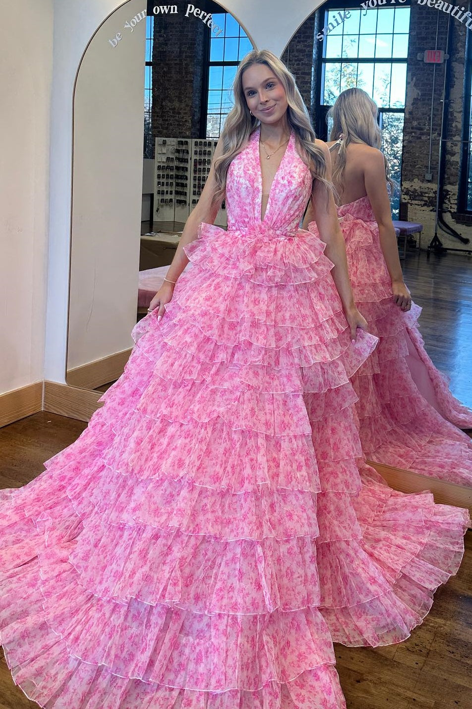 Pink Low V-Neck Halter Backless Tulle A-Line Tiered Party Prom Dress