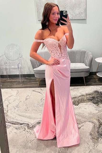 Pink Off-Shoulder Empire Appliques Party Prom Dress With Slit