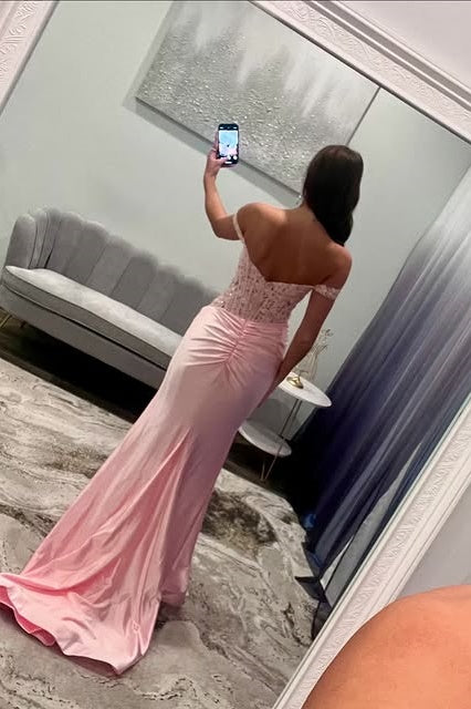 Pink Off-Shoulder Empire Appliques Party Prom Dress With Slit