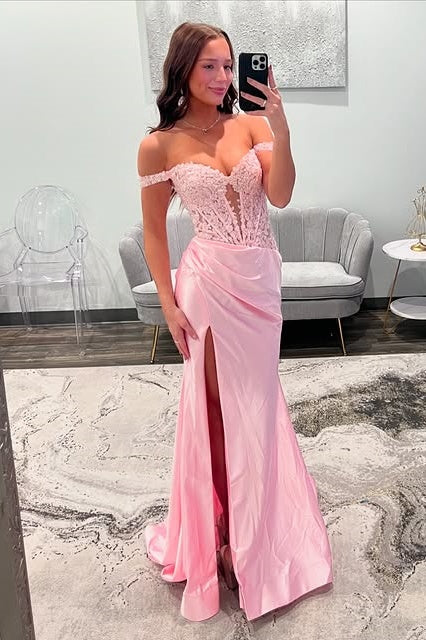 Pink Off-Shoulder Empire Appliques Party Prom Dress With Slit