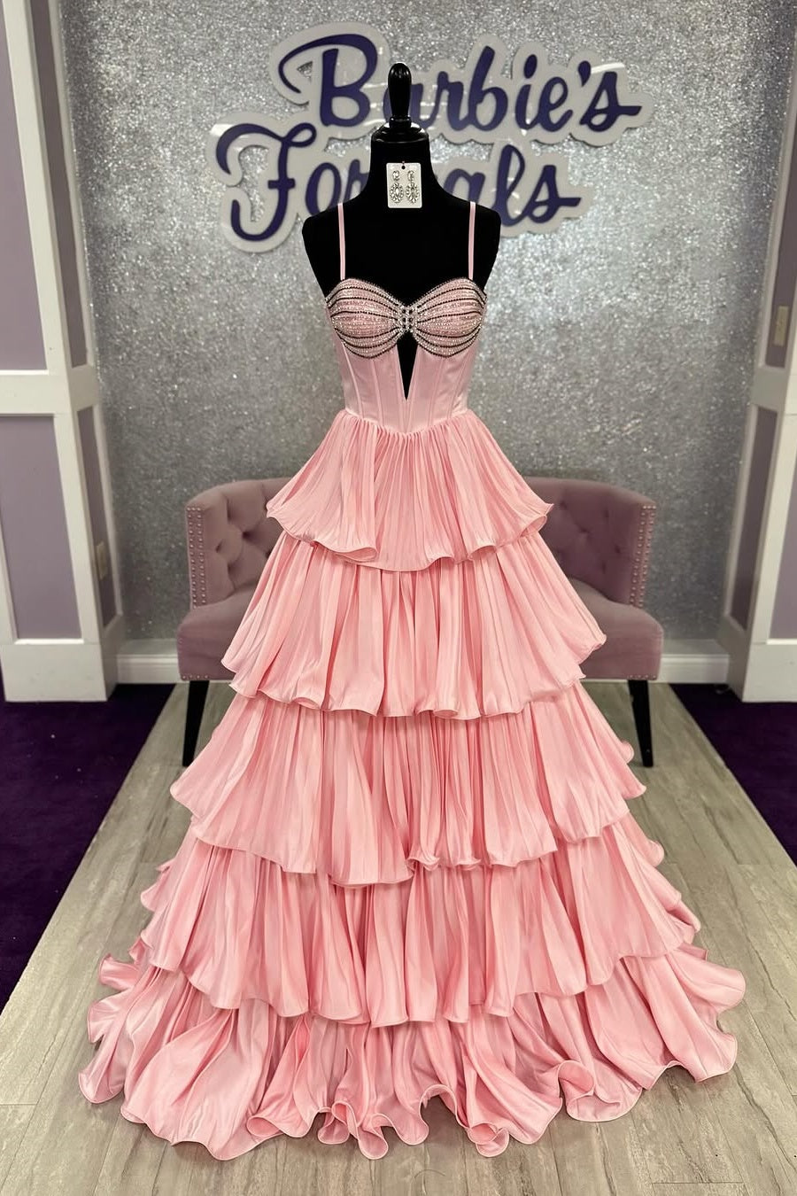 Pink Satin A-Line Sweetheart Beaded Tiered Party Prom Dress