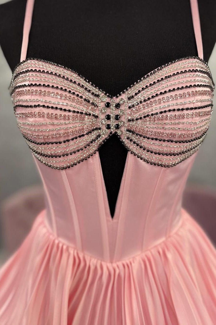 Pink Satin A-Line Sweetheart Beaded Tiered Party Prom Dress