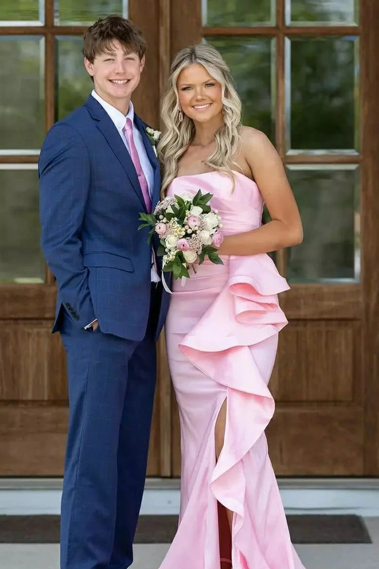 Pink Satin Mermaid Strapless Ruffle Party Prom Dress With Slit