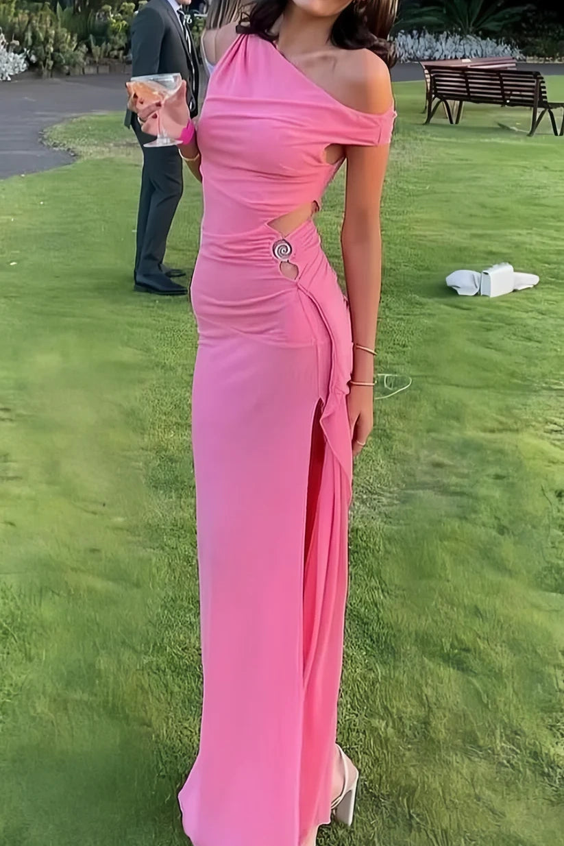 Pink Satin One Shoulder Sleeveless Bodycon Party Prom Dress With Slit