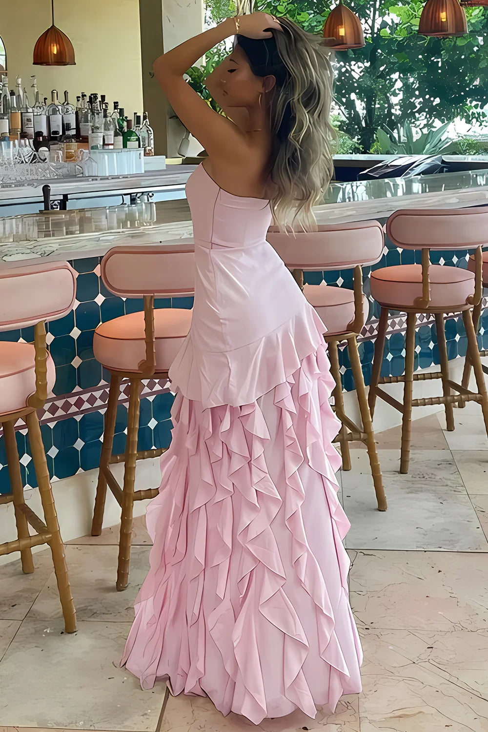 Pink Satin Strapless A-Line Ruffled Party Prom Dress With Slit