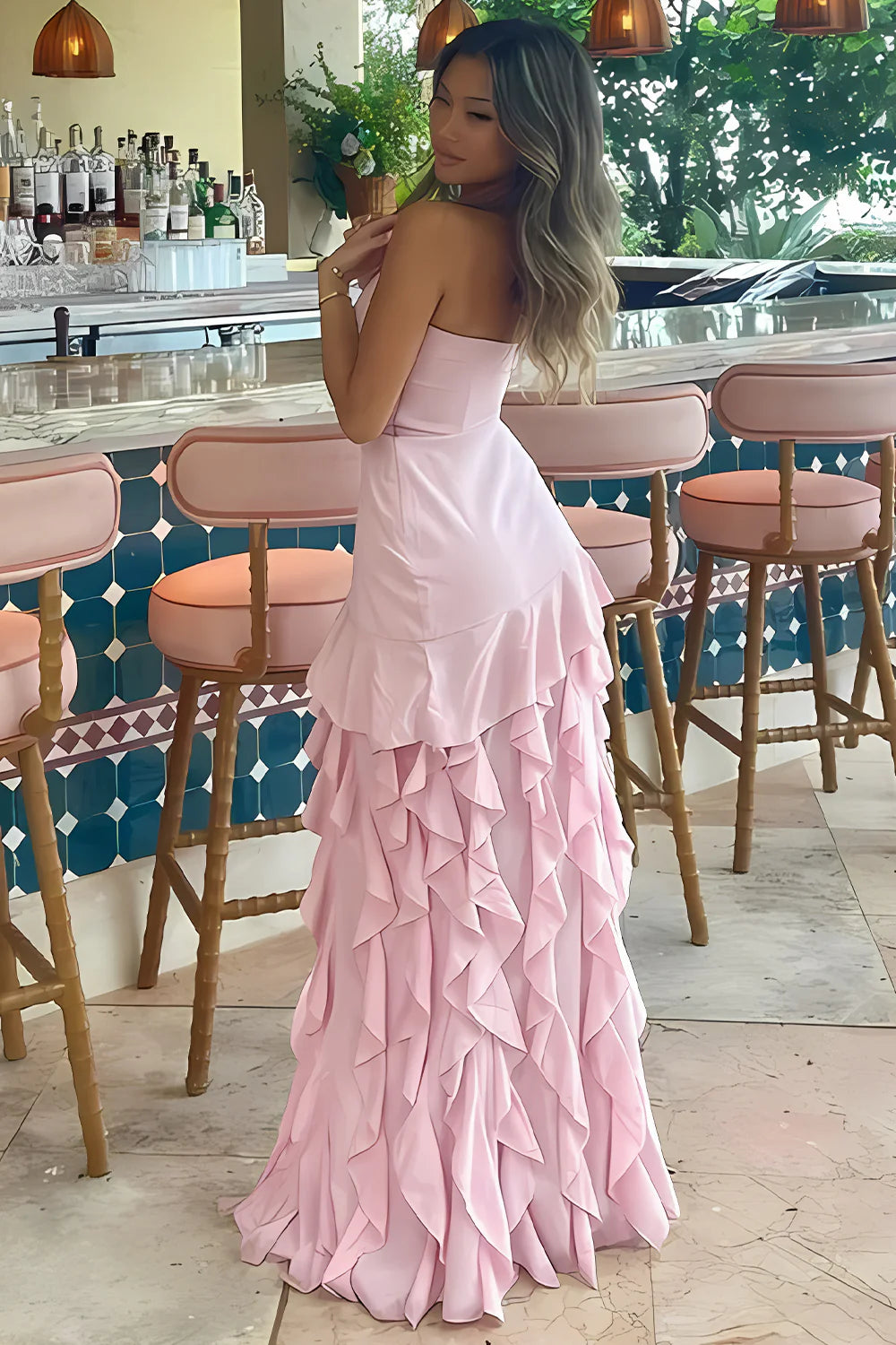 Pink Satin Strapless A-Line Ruffled Party Prom Dress With Slit