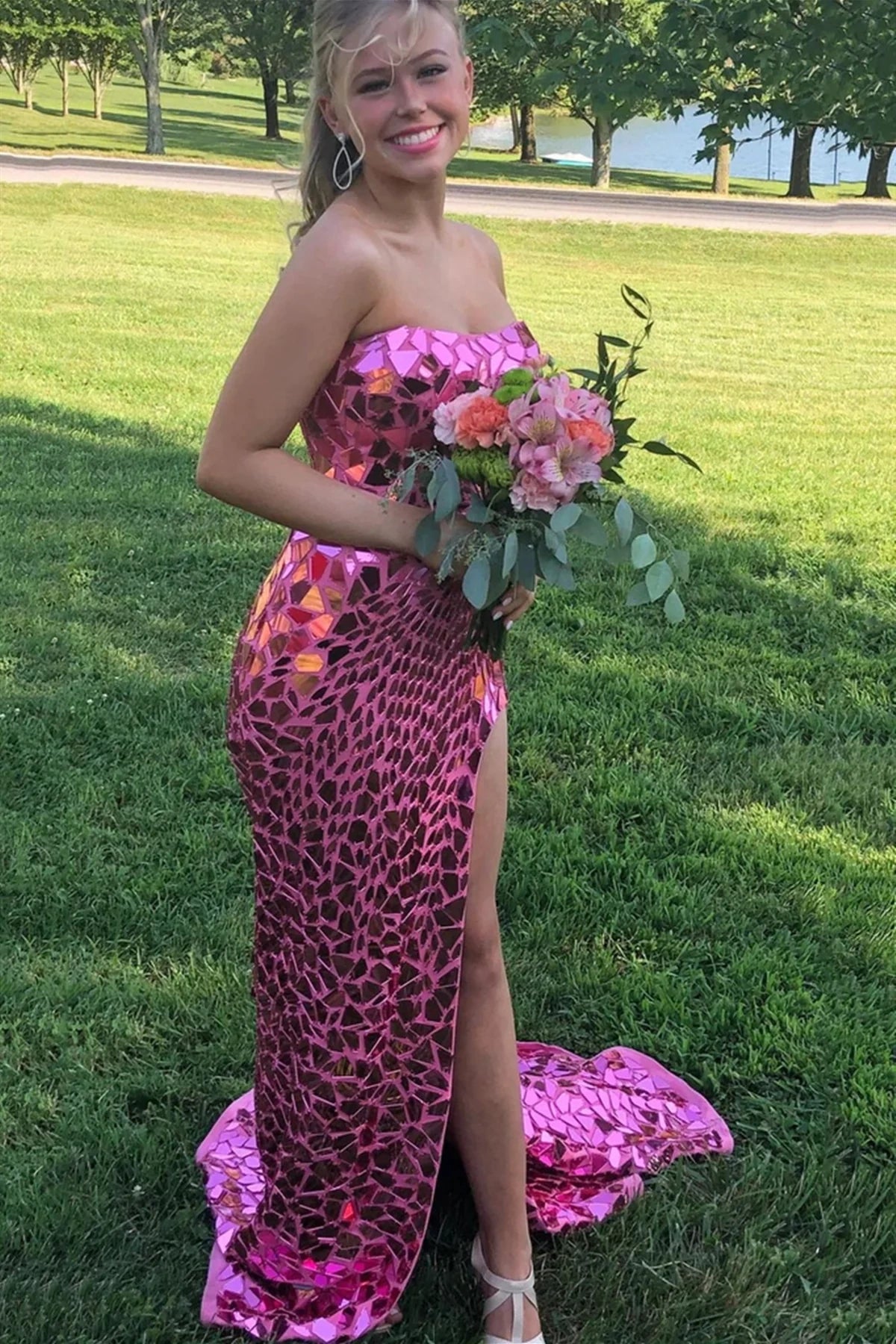 Pink Strapless Empire Lace Up Mermaid Beaded Party Prom Dress