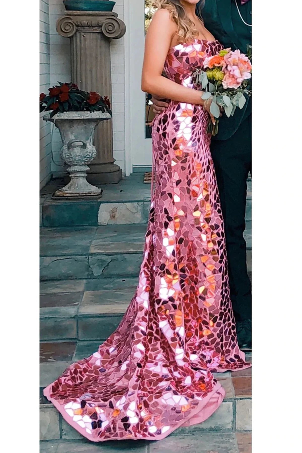 Pink Strapless Empire Lace Up Mermaid Beaded Party Prom Dress