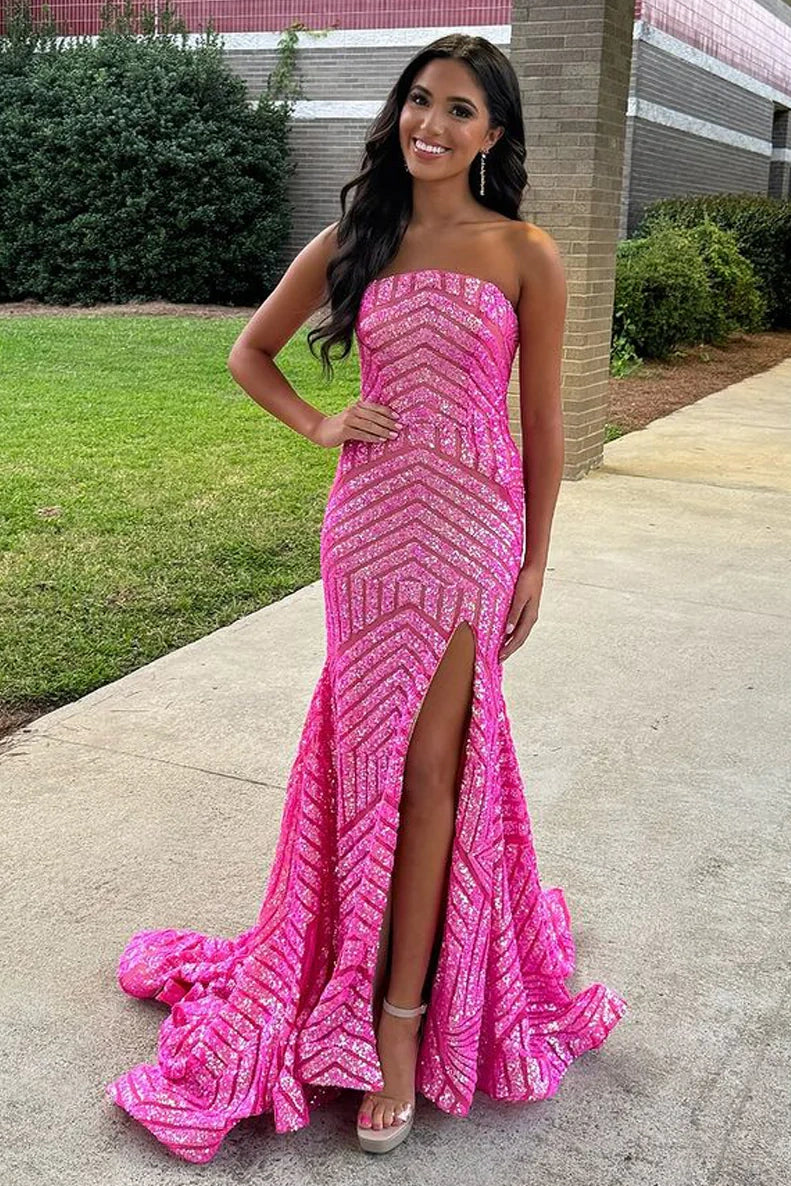 Pink Strapless Empire Sequins Mermaid Party Prom Dress With Train