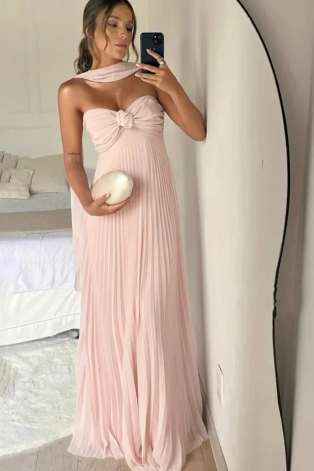 Pink Strapless Sleeveless Ruched Long Party Prom Dress