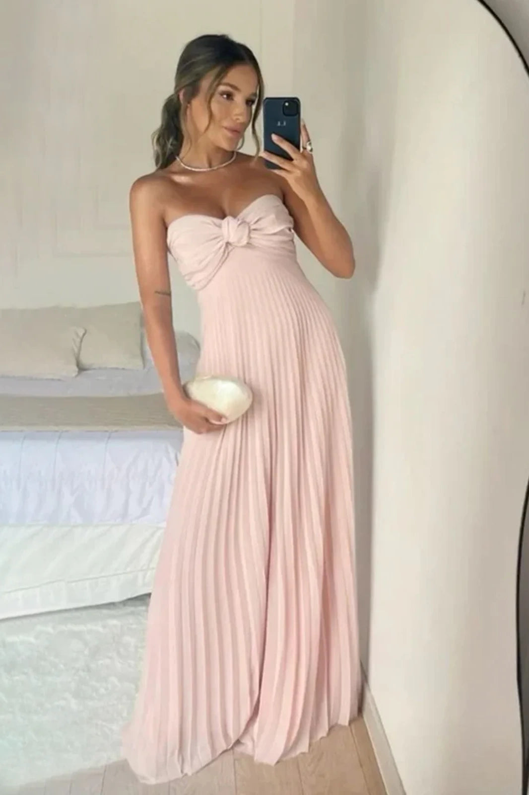 Pink Strapless Sleeveless Ruched Long Party Prom Dress