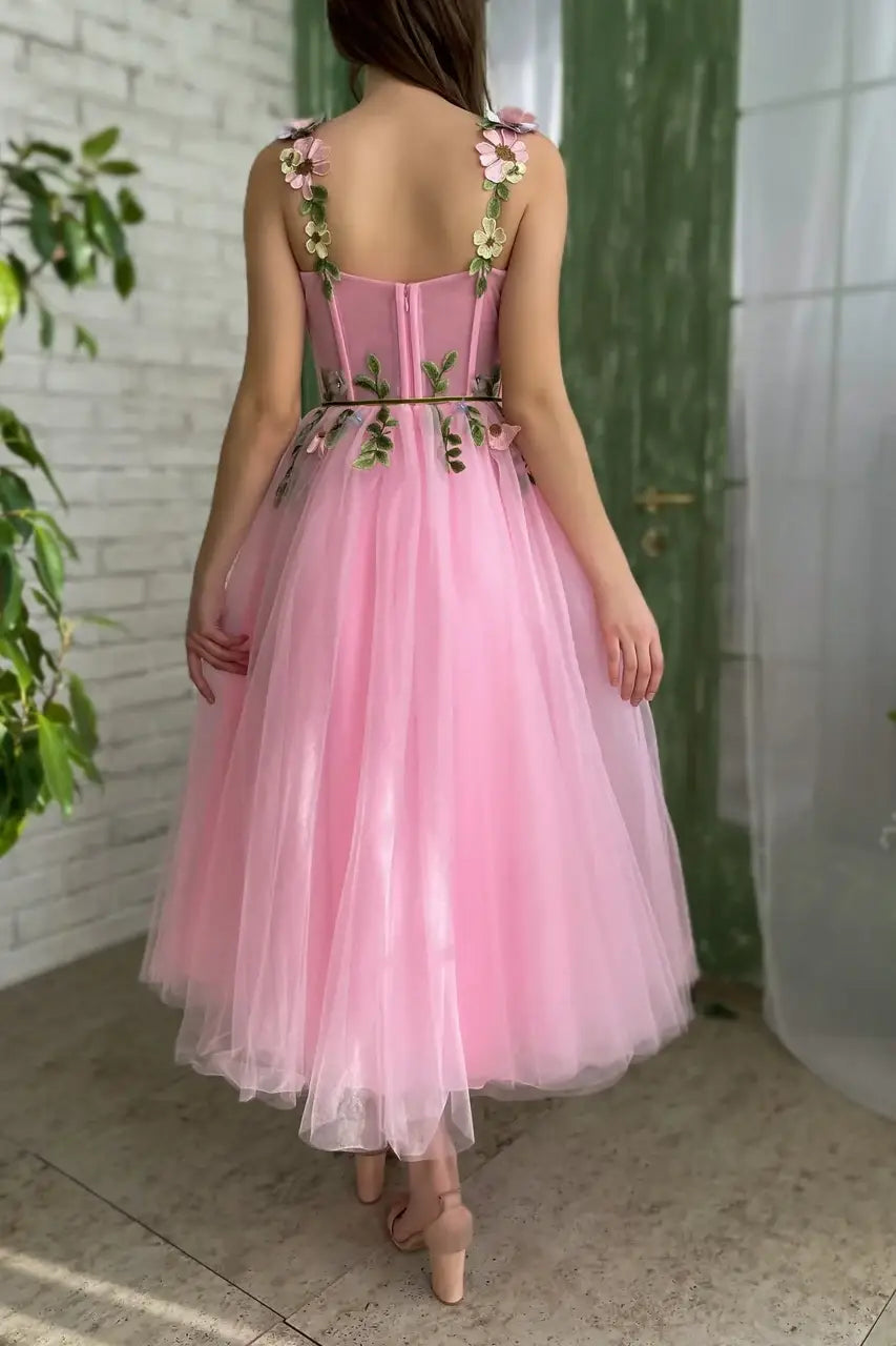 Pink Sweetheart Sleeveless Floral Prom Evening Dress