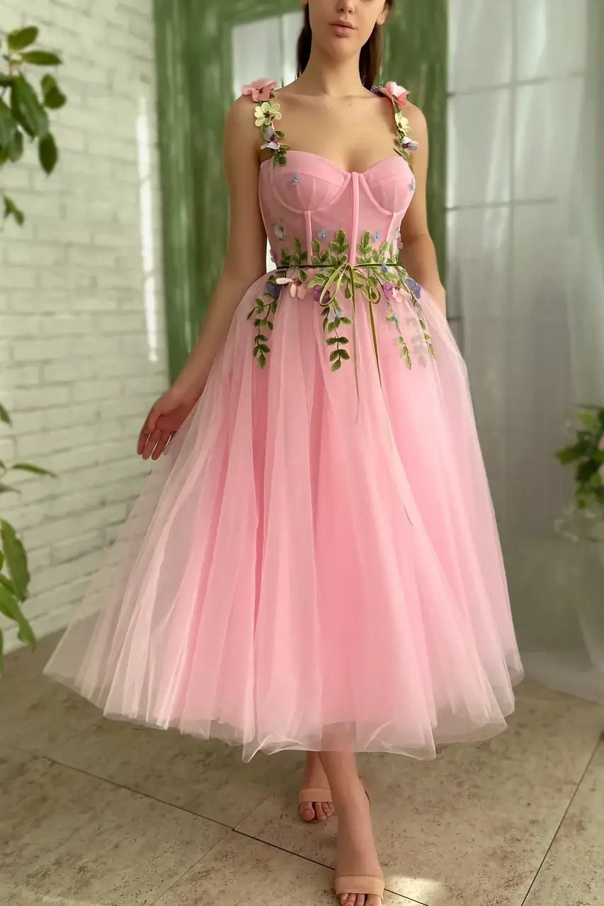 Pink Sweetheart Sleeveless Floral Prom Evening Dress