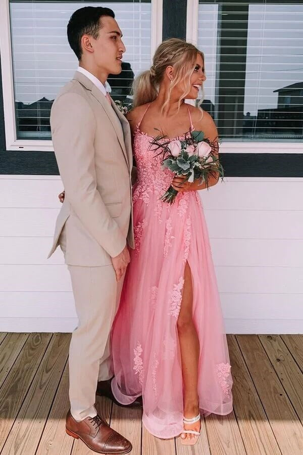 Pink Sweetheart Sleeveless Tulle A-Line Appliques Party Prom Dress