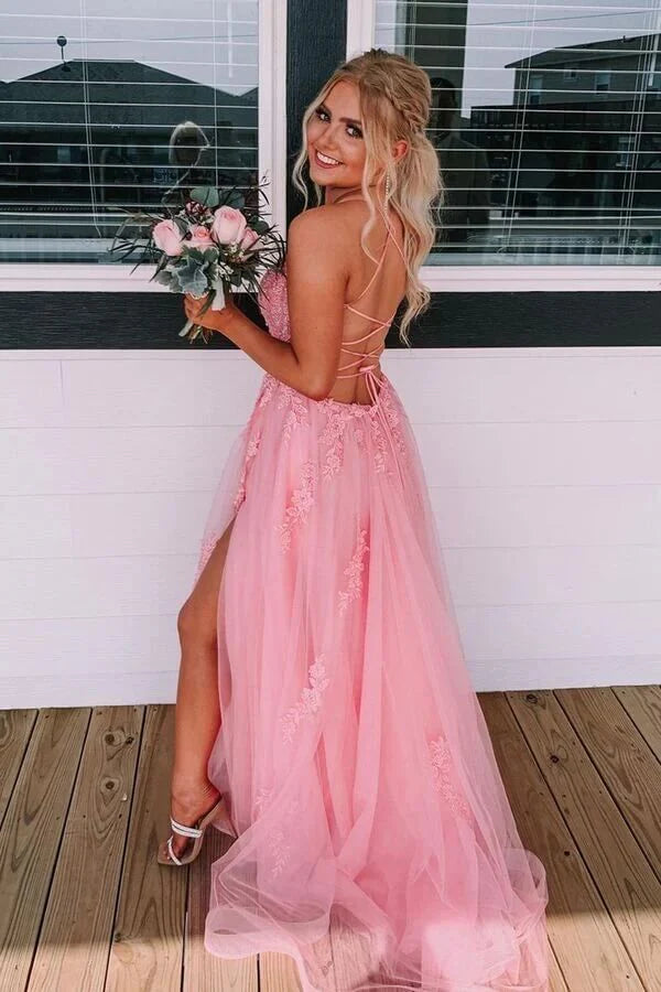 Pink Sweetheart Sleeveless Tulle A-Line Appliques Party Prom Dress