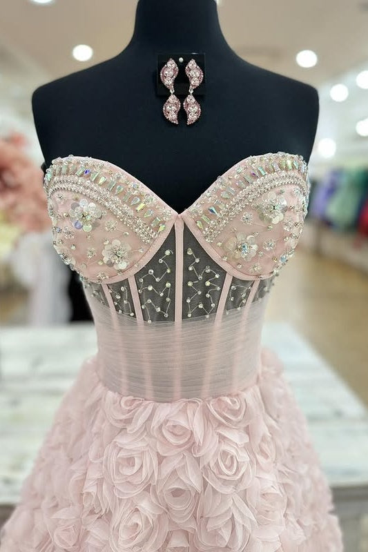 Pink Sweetheart Strapless A-Line Beaded Floral Prom Dress