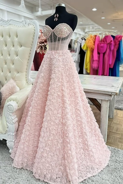 Pink Sweetheart Strapless A-Line Beaded Floral Prom Dress