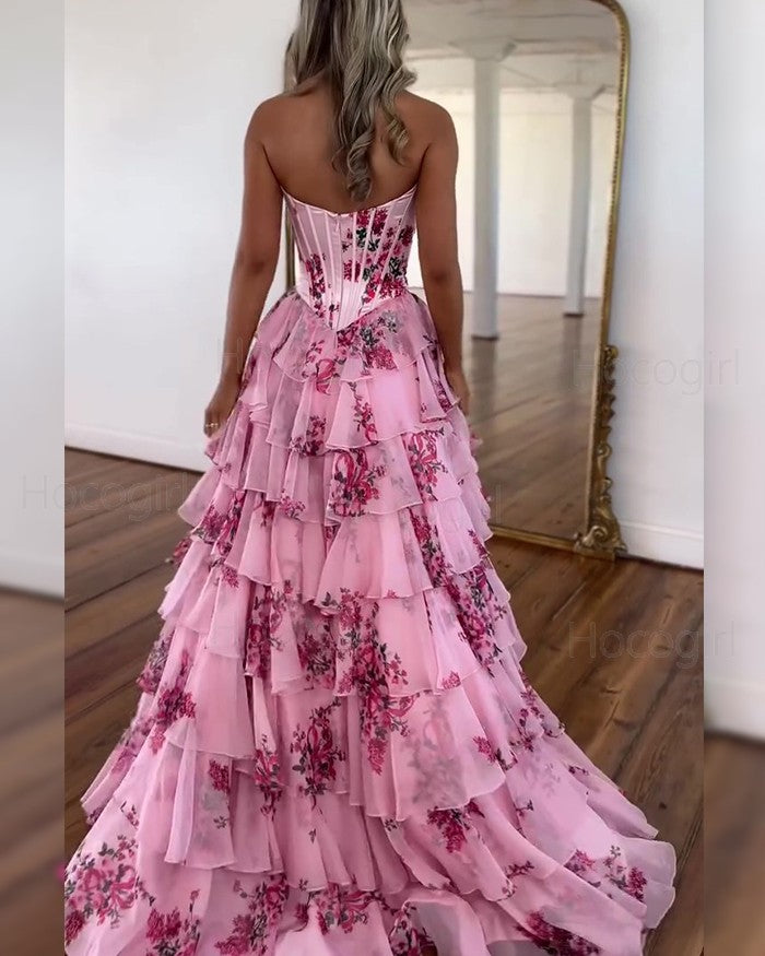 Pink Sweetheart Strapless A-Line Tiered Floral Party Prom Dress