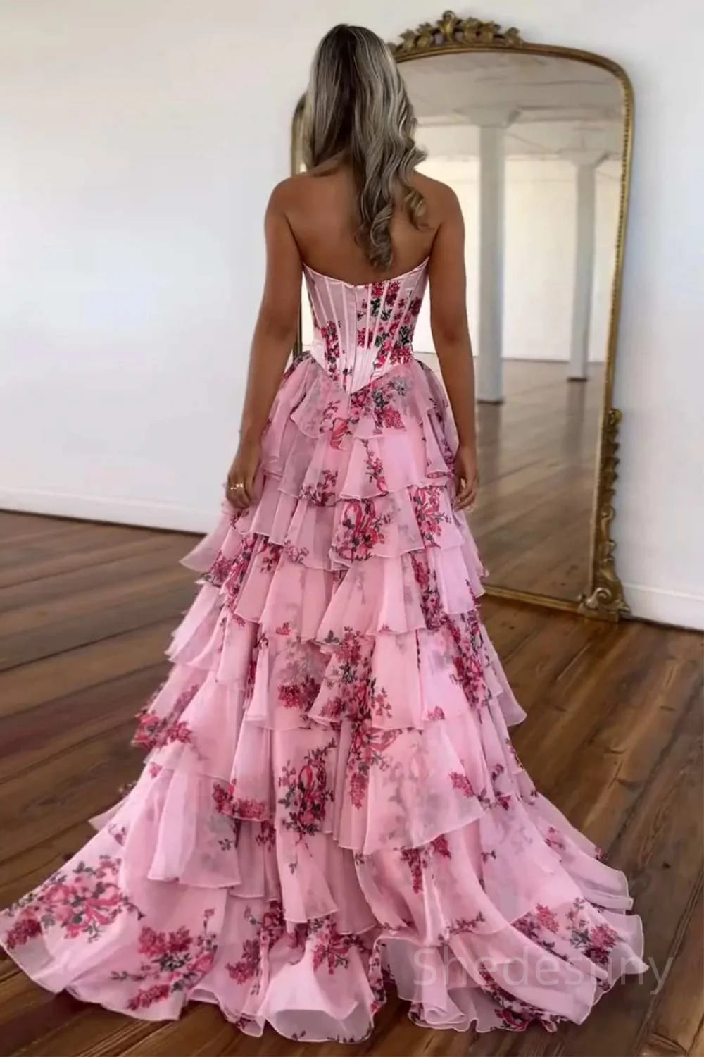 Pink Sweetheart Strapless A-Line Tiered Floral Party Prom Dress