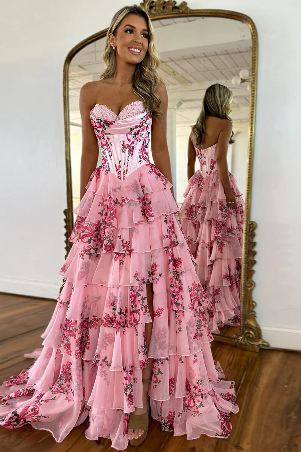 Pink Sweetheart Strapless A-Line Tiered Floral Party Prom Dress