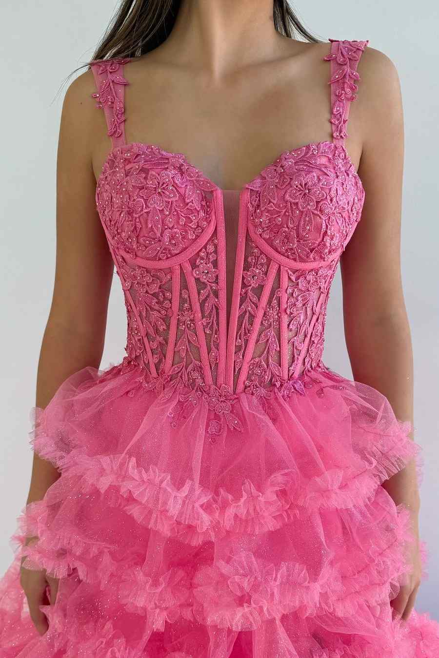 Pink Sweetheart Two Tone A-Line Tiered Prom Dress