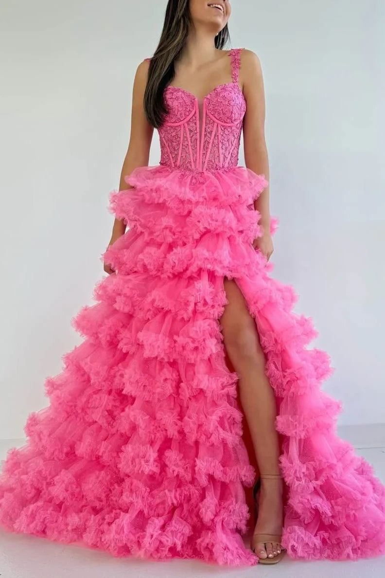 Pink Sweetheart Two Tone A-Line Tiered Prom Dress